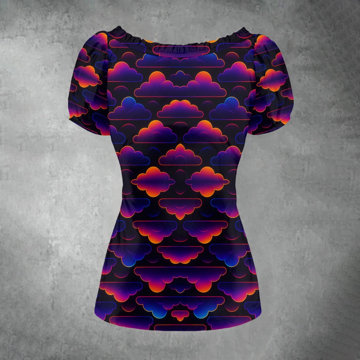 All-over print Women's Puff Sleeve Pleated Shirt