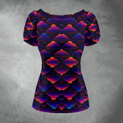 All-over print Women's Puff Sleeve Pleated Shirt