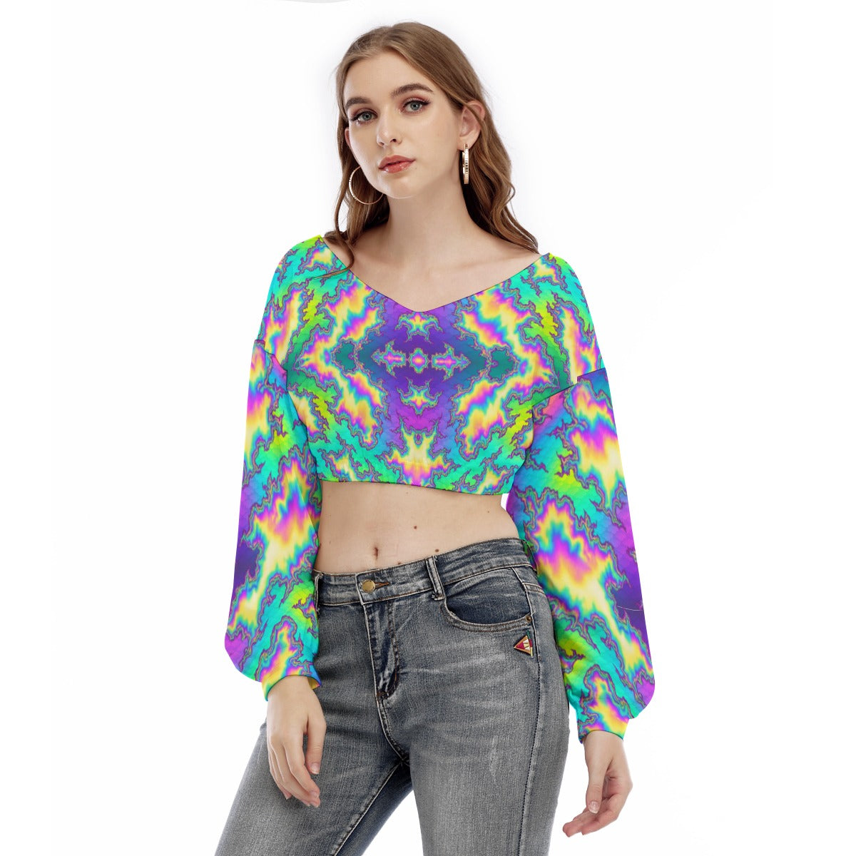Women's V-neck Long Sleeve Cropped Sweatshirt