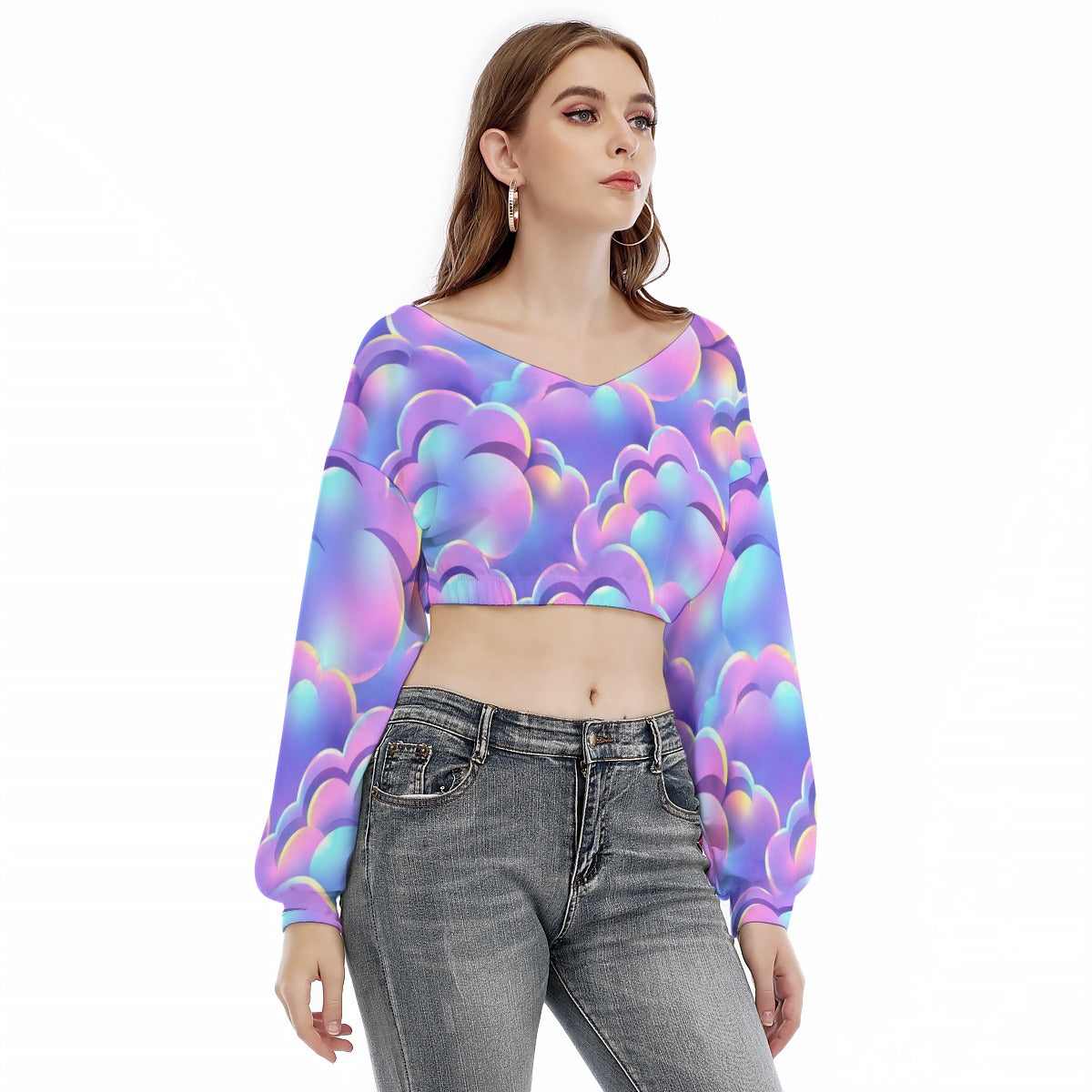 Women's V-neck Long Sleeve Cropped Sweatshirt