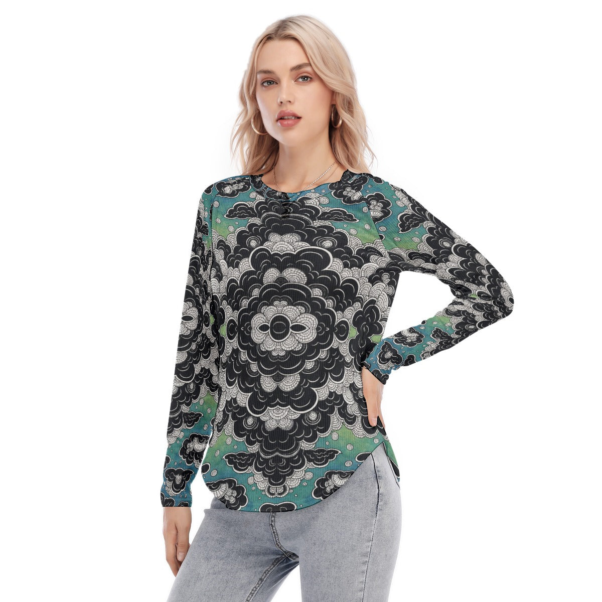 Women's Raglan Sleeves U-Shaped Hem Long Sleeves Blouse