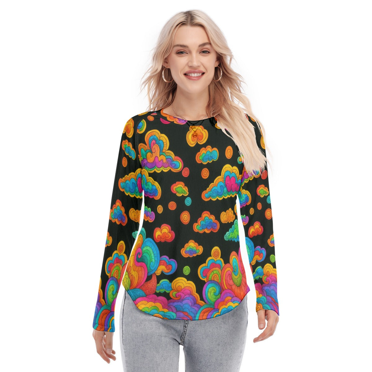 Women's Raglan Sleeves U-Shaped Hem Long Sleeves Blouse