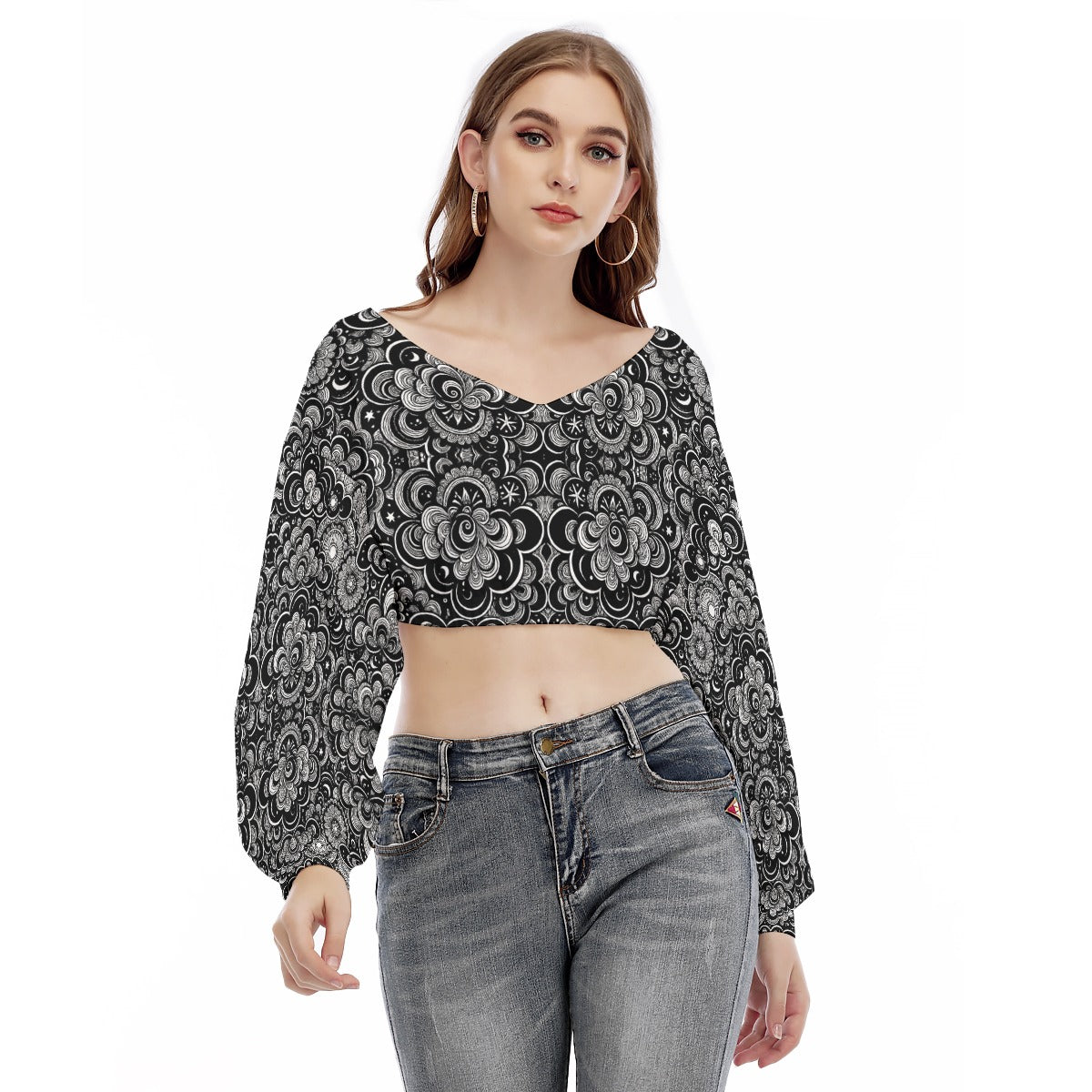 Women's V-neck Long Sleeve Cropped Sweatshirt