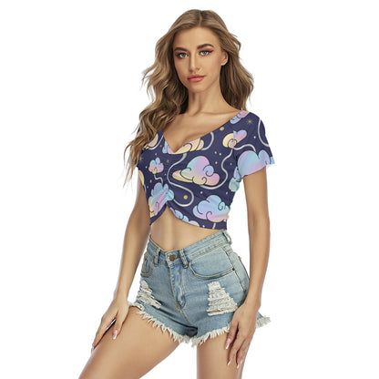 Women's Raglan Drawstring Front Crop Tee