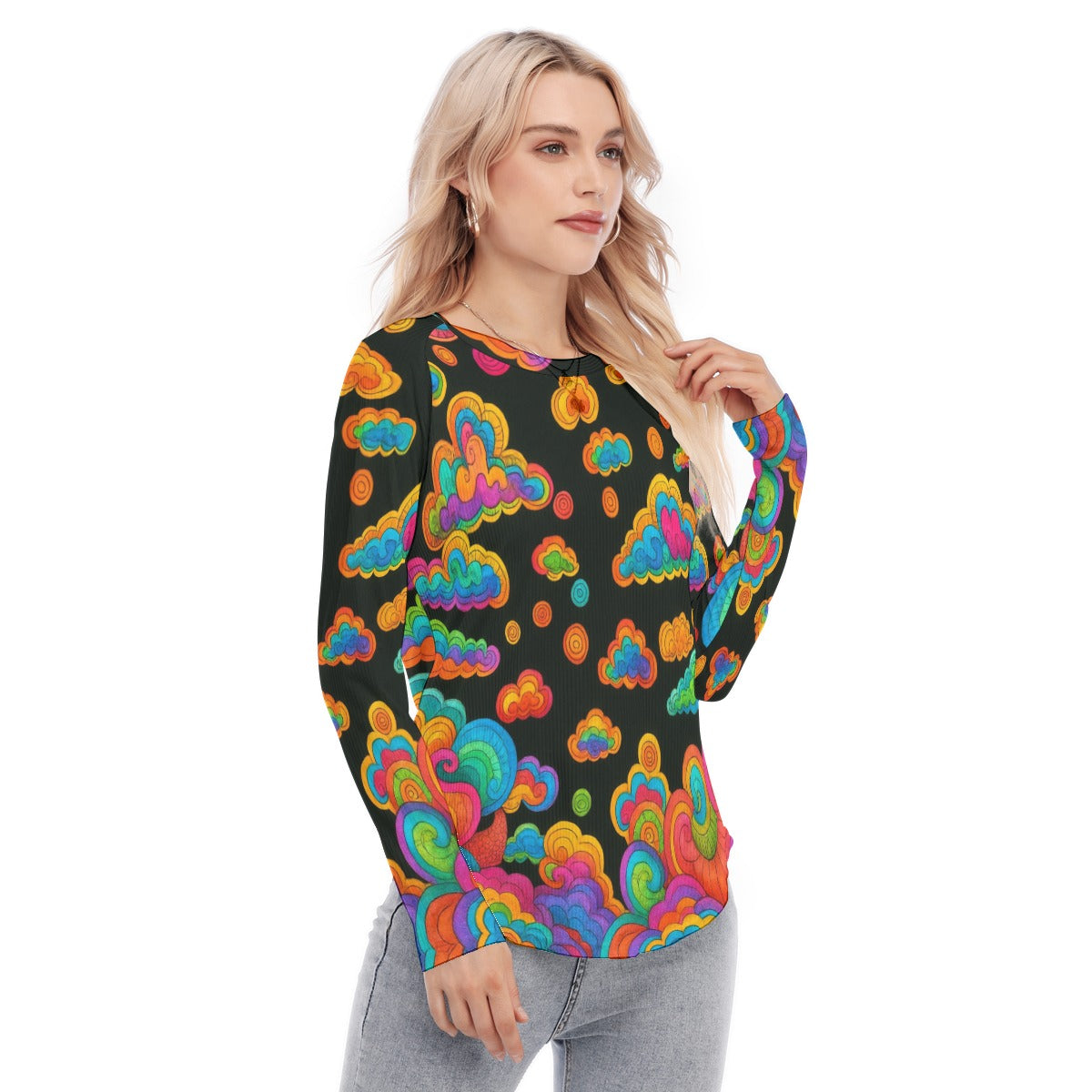 Women's Raglan Sleeves U-Shaped Hem Long Sleeves Blouse