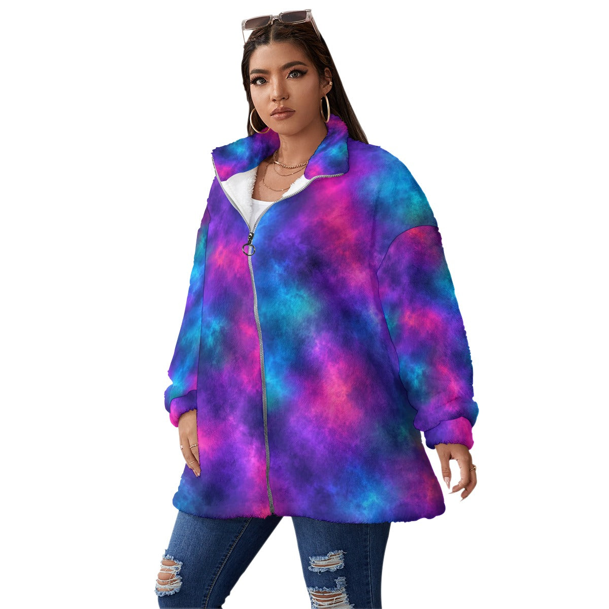 Unisex Borg-Fleece Stand-Up Collar Zip Coat — Plus Size - view 2
