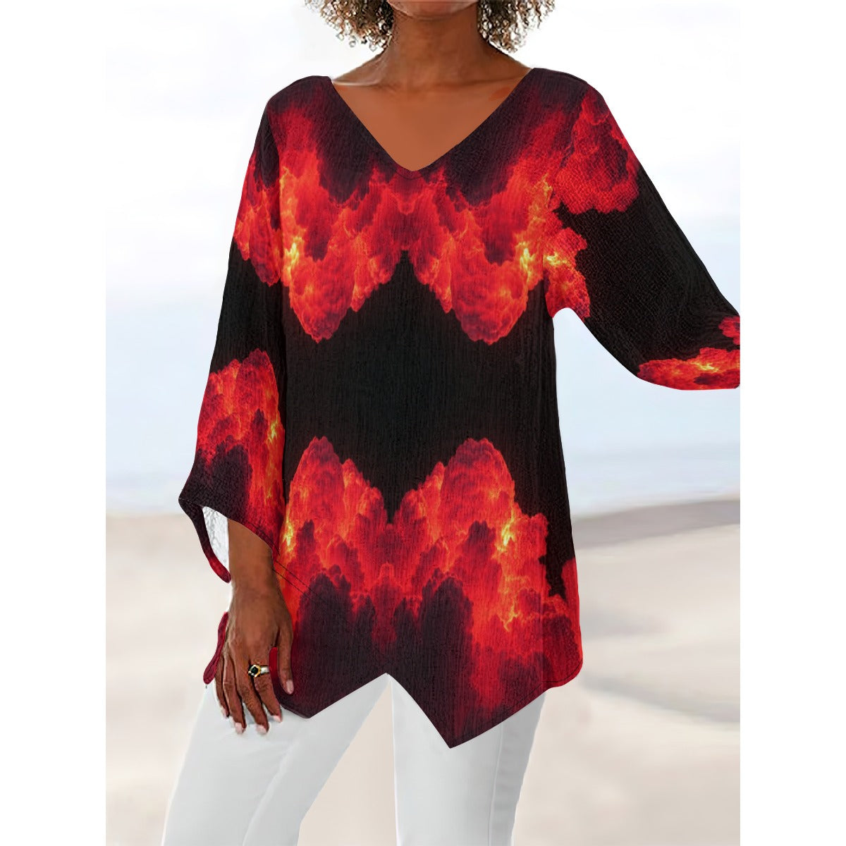 Women's V-neck T-shirt With Irregular Hem