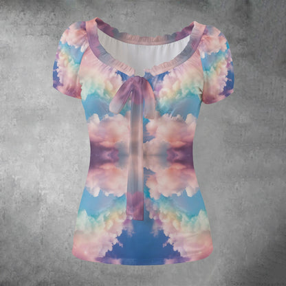 All-over print Women's Puff Sleeve Pleated Shirt