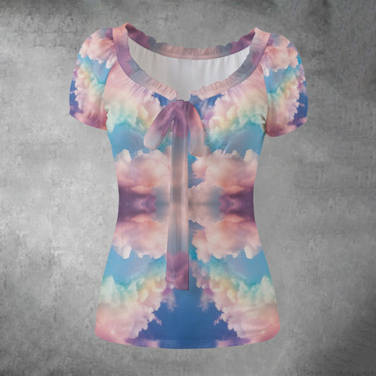 All-over print Women's Puff Sleeve Pleated Shirt