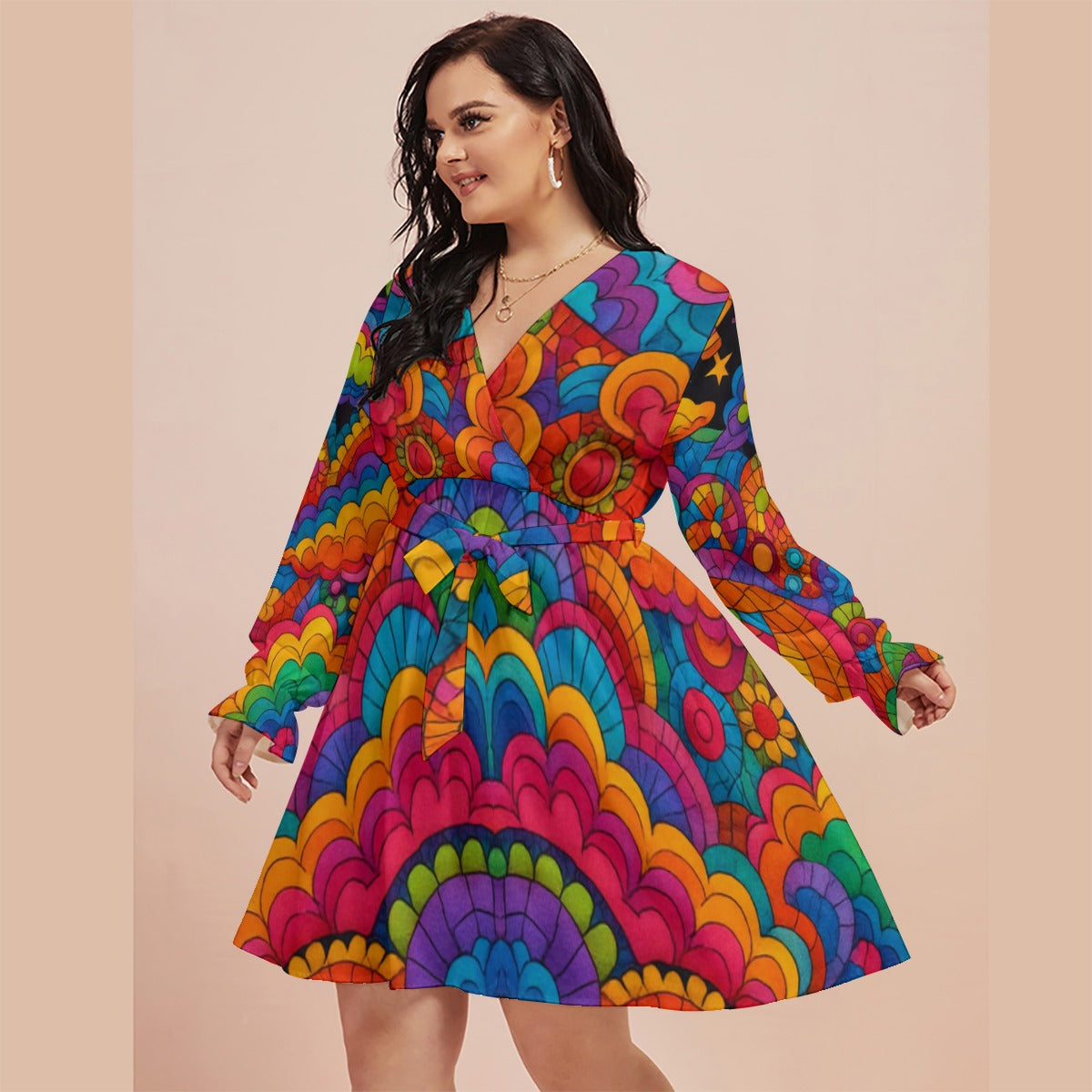 Women's V-neck Dress With Waistband(Plus Size)