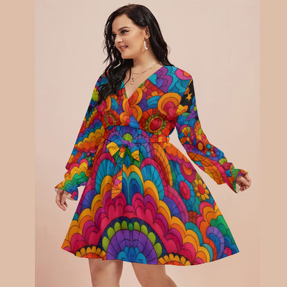 Women's V-neck Dress With Waistband(Plus Size)