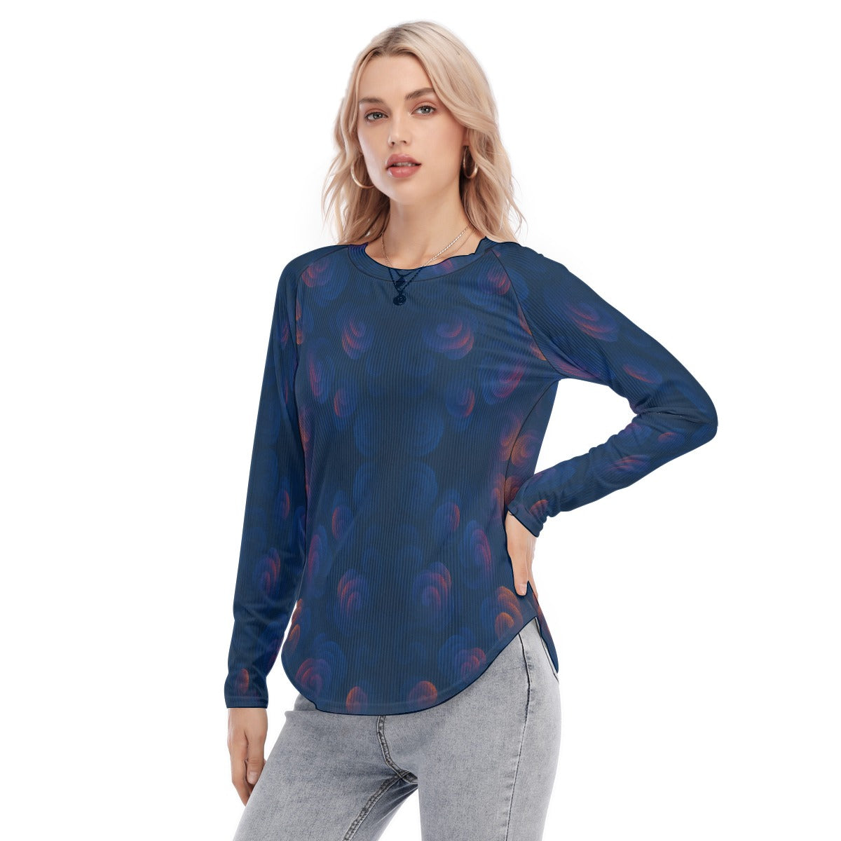 Women's Raglan Sleeves U-Shaped Hem Long Sleeves Blouse