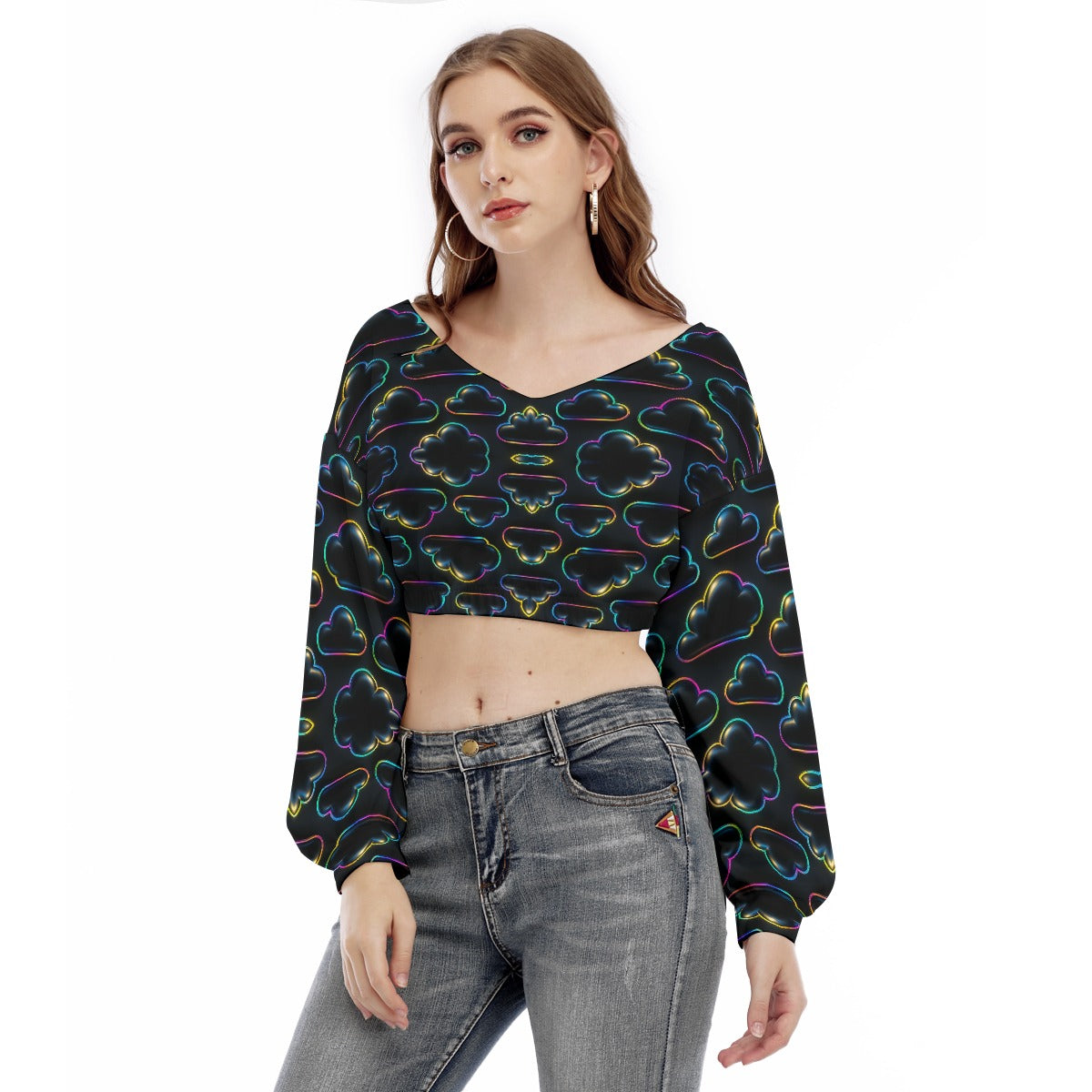 Women's V-neck Long Sleeve Cropped Sweatshirt
