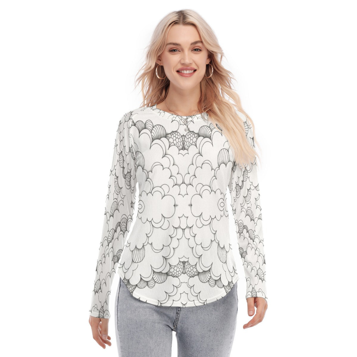 Women's Raglan Sleeves U-Shaped Hem Long Sleeves Blouse