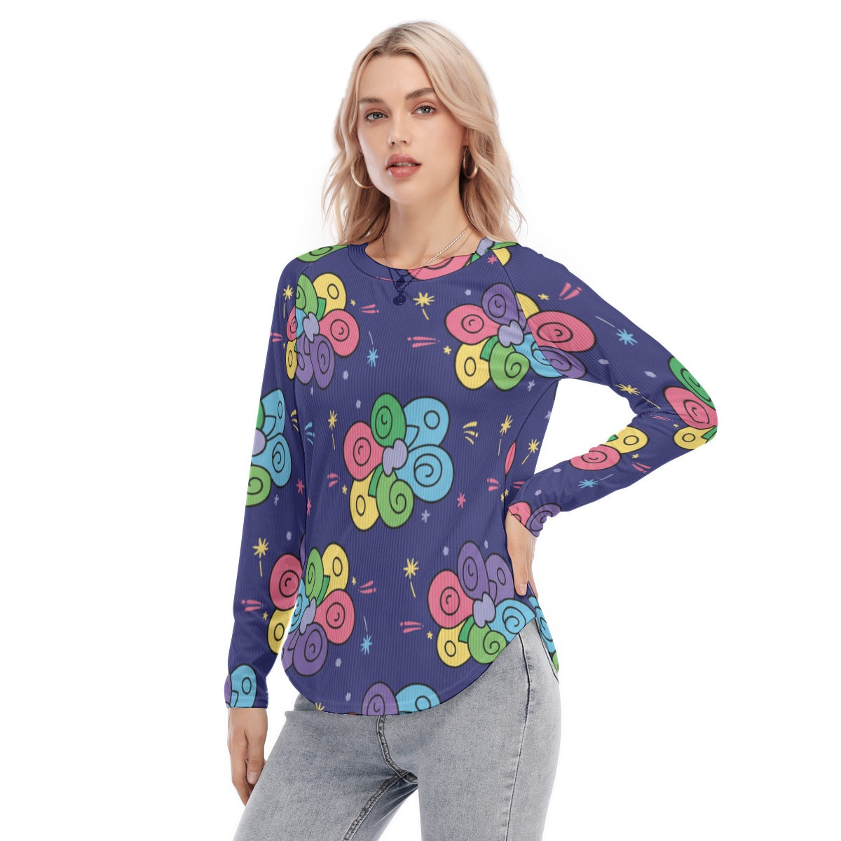 Women's Raglan Sleeves U-Shaped Hem Long Sleeves Blouse