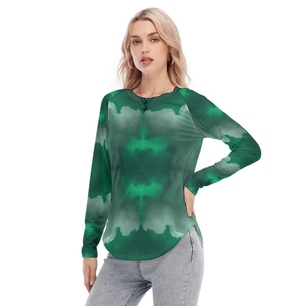 Women's Raglan Sleeves U-Shaped Hem Long Sleeves Blouse