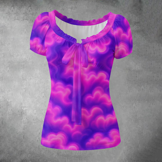 All-over print Women's Puff Sleeve Pleated Shirt