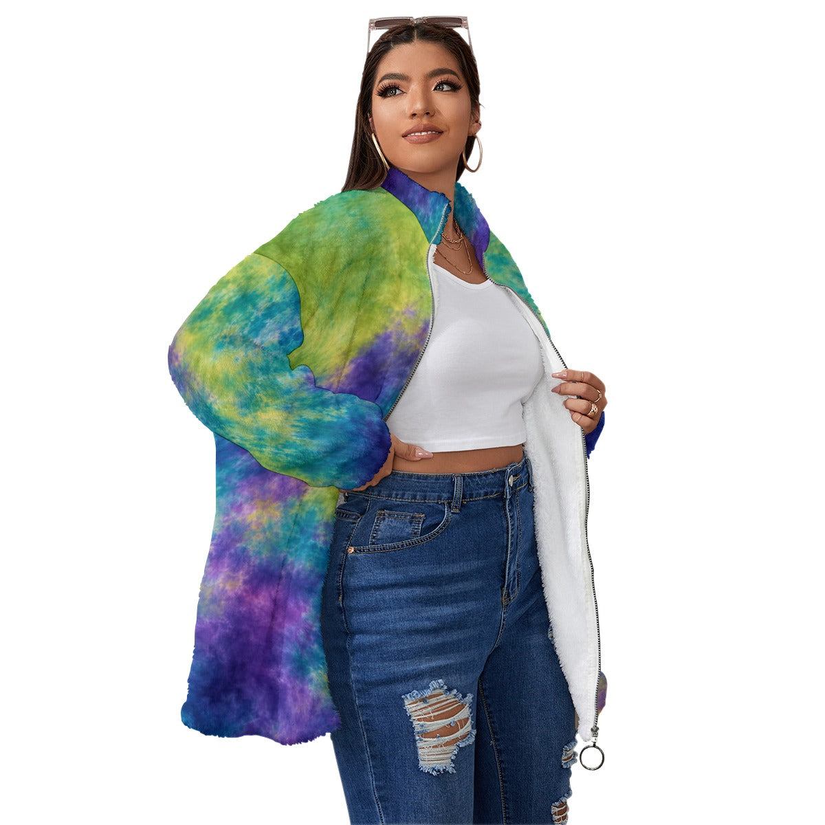 Unisex Borg-Fleece Stand-Up Collar Zip Coat — Plus Size - view 3