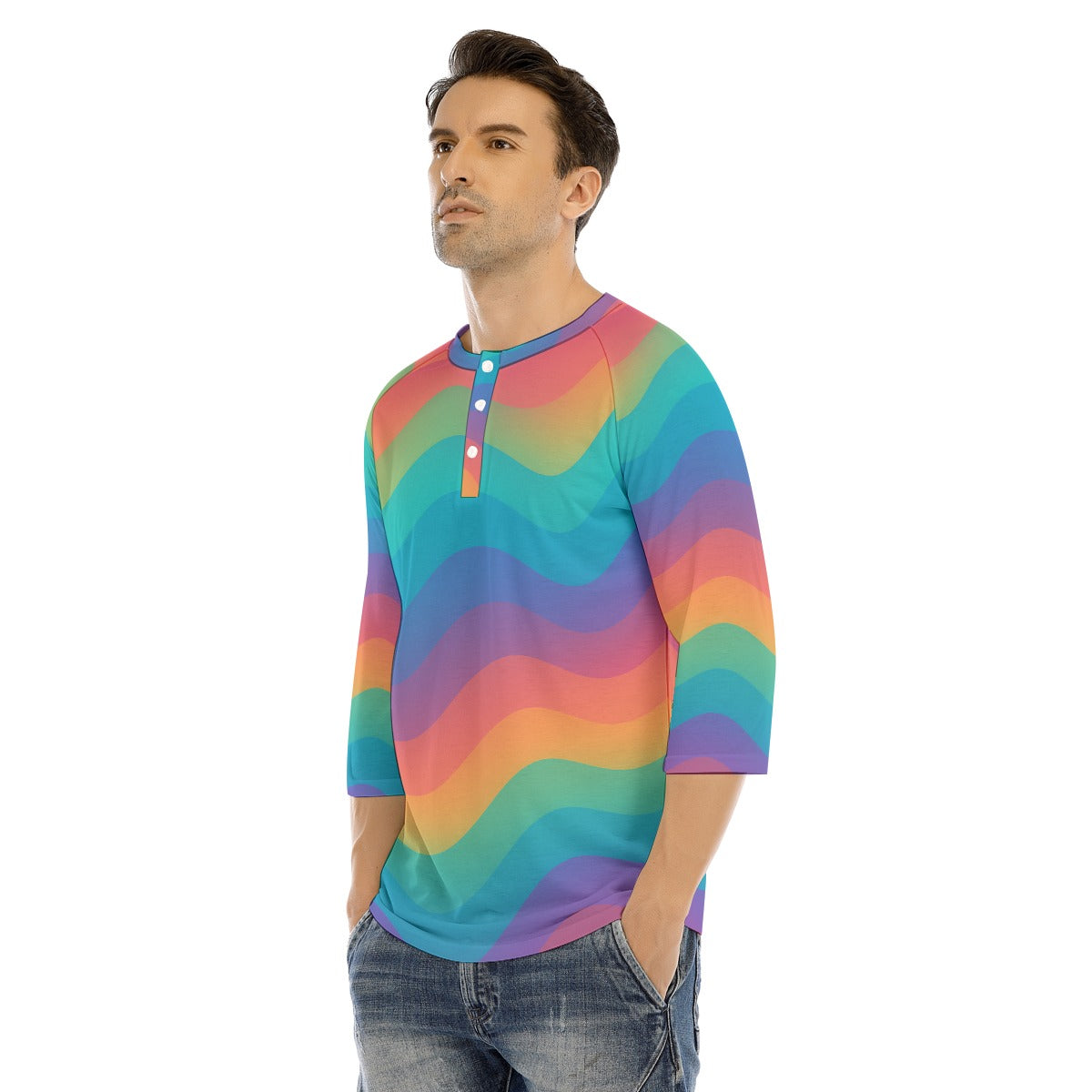 Men's Bracelet Sleeve T-shirt With Button Closure - view 3