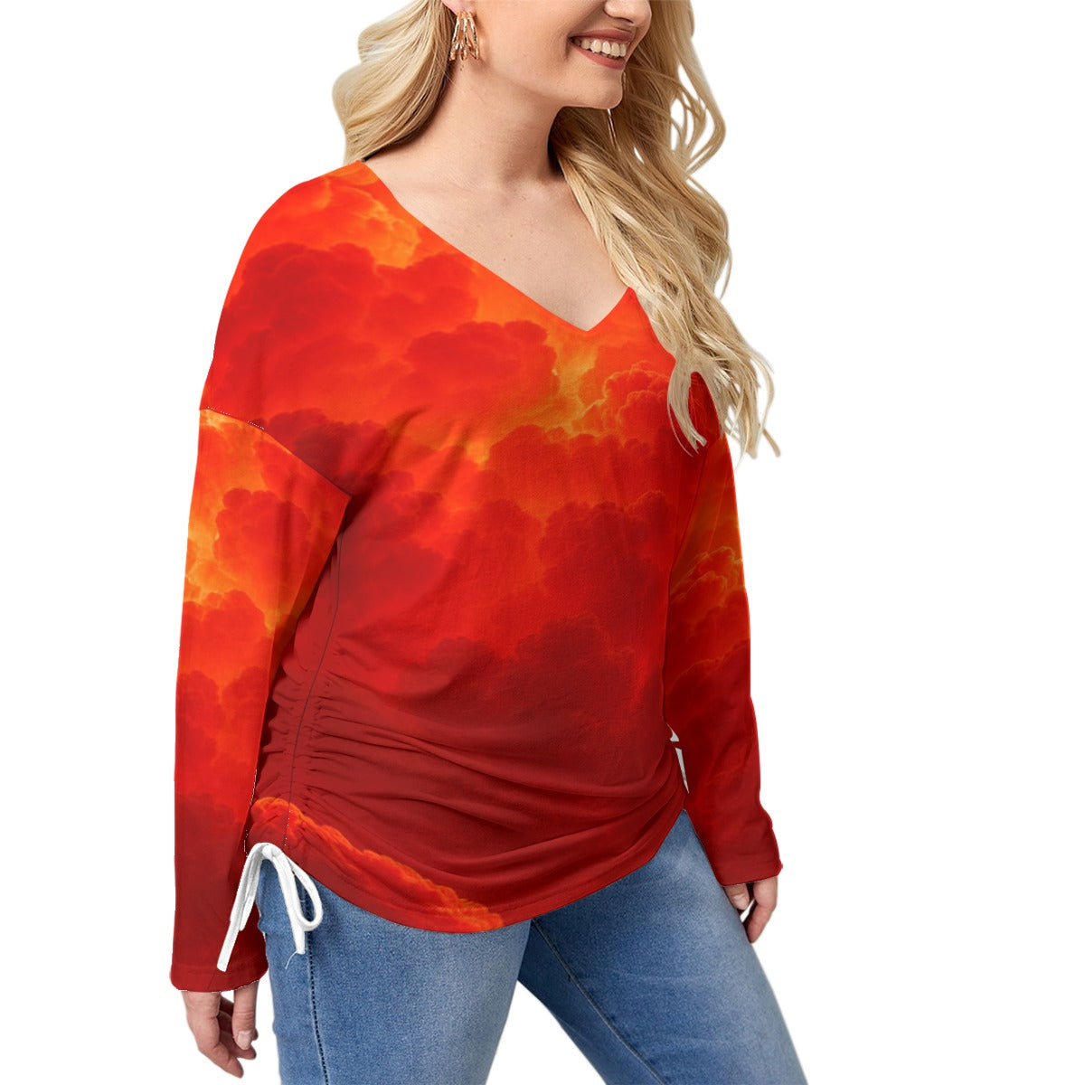 Unisex Women’s V-neck T-shirt With Side Drawstring(Plus Size)