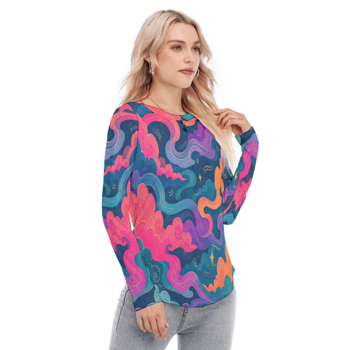 Women's Raglan Sleeves U-Shaped Hem Long Sleeves Blouse