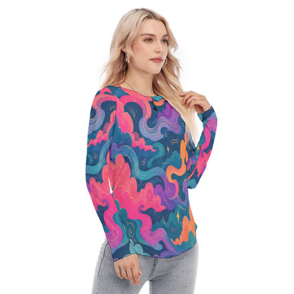 Women's Raglan Sleeves U-Shaped Hem Long Sleeves Blouse