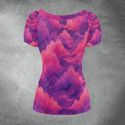 All-over print Women's Puff Sleeve Pleated Shirt