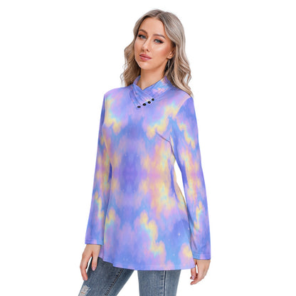 Women's Long-sleeved Heap-neck Slim Casual Tunic Blouse