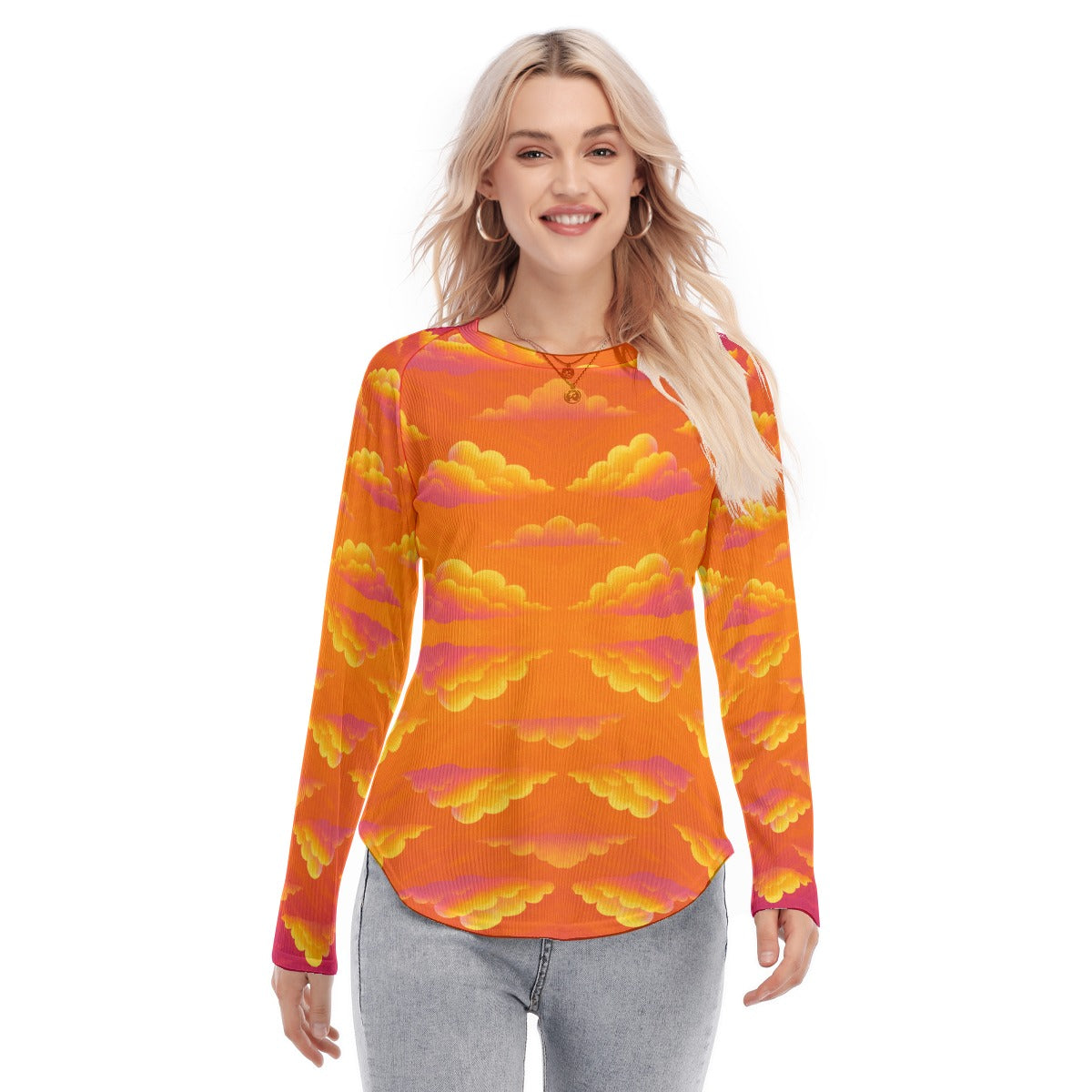 Women's Raglan Sleeves U-Shaped Hem Long Sleeves Blouse