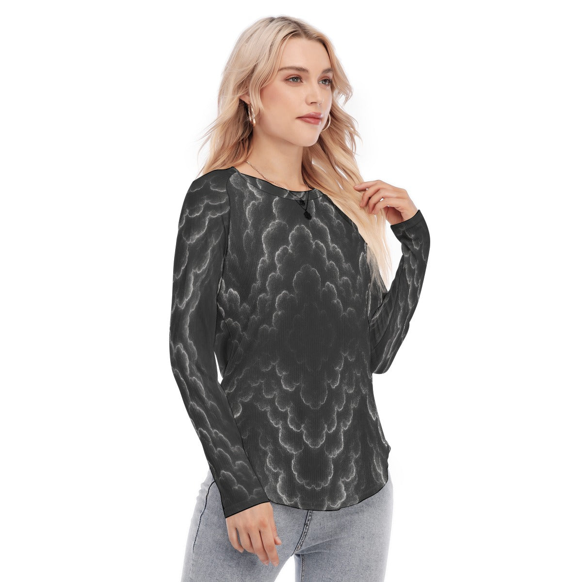 Women's Raglan Sleeves U-Shaped Hem Long Sleeves Blouse
