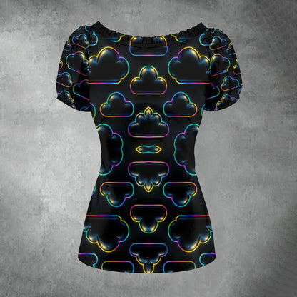 All-over print Women's Puff Sleeve Pleated Shirt