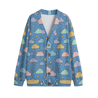 Unisex V-neck Knitted Fleece Cardigan With Button Closure
