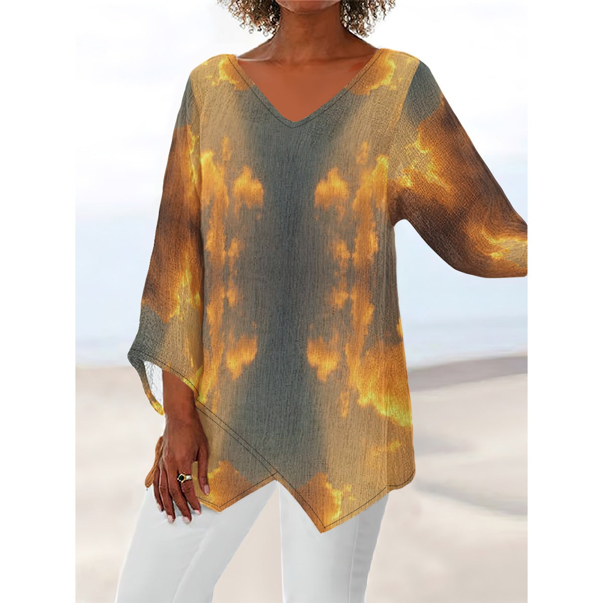 Women's V-neck T-shirt With Irregular Hem