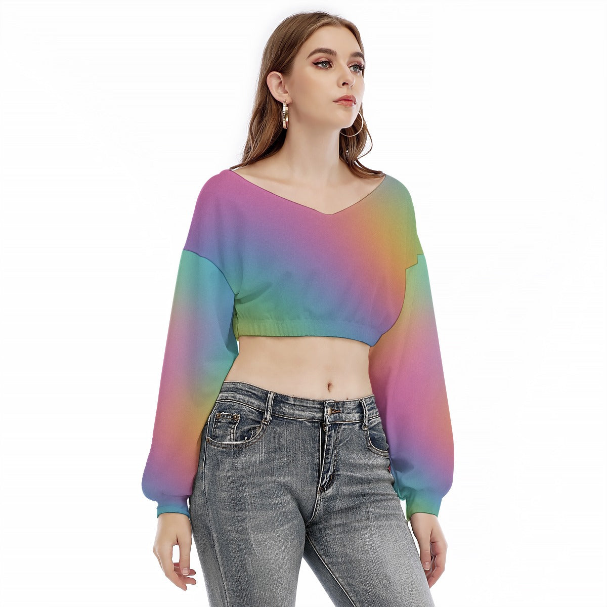 Women's V-neck Long Sleeve Cropped Sweatshirt
