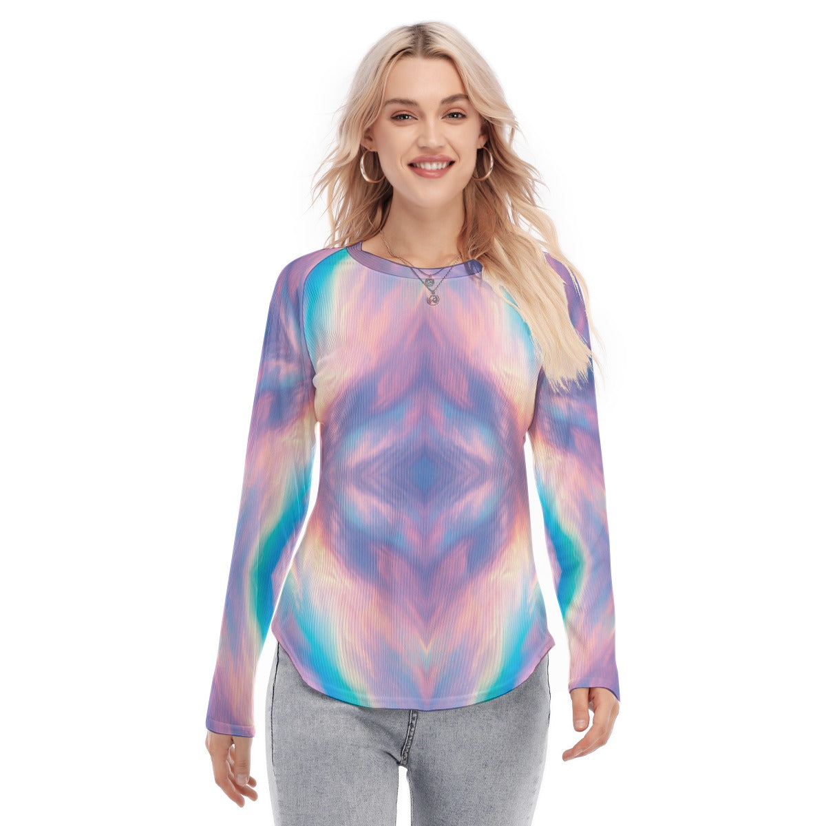 Women's Raglan Sleeves U-Shaped Hem Long Sleeves Blouse