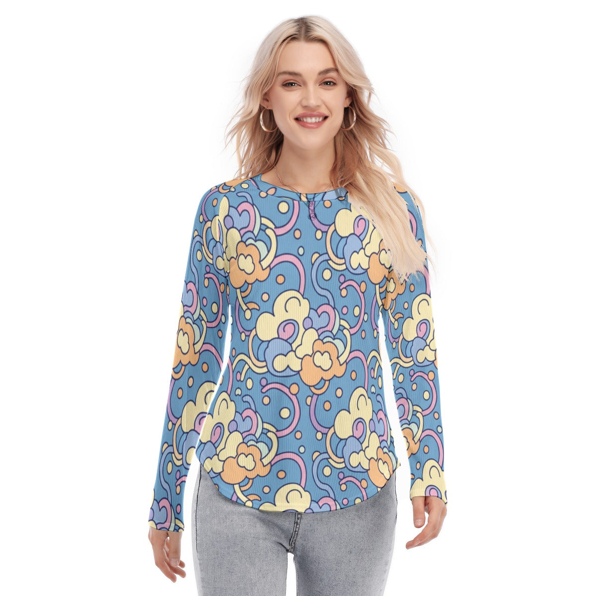 Women's Raglan Sleeves U-Shaped Hem Long Sleeves Blouse