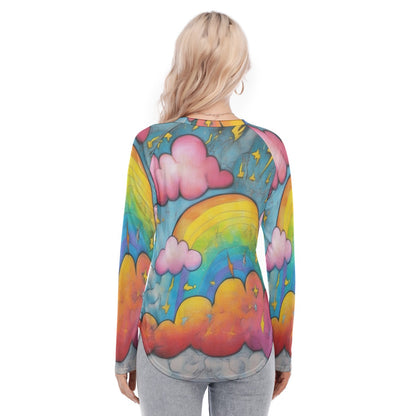 Women's Raglan Sleeves U-Shaped Hem Long Sleeves Blouse