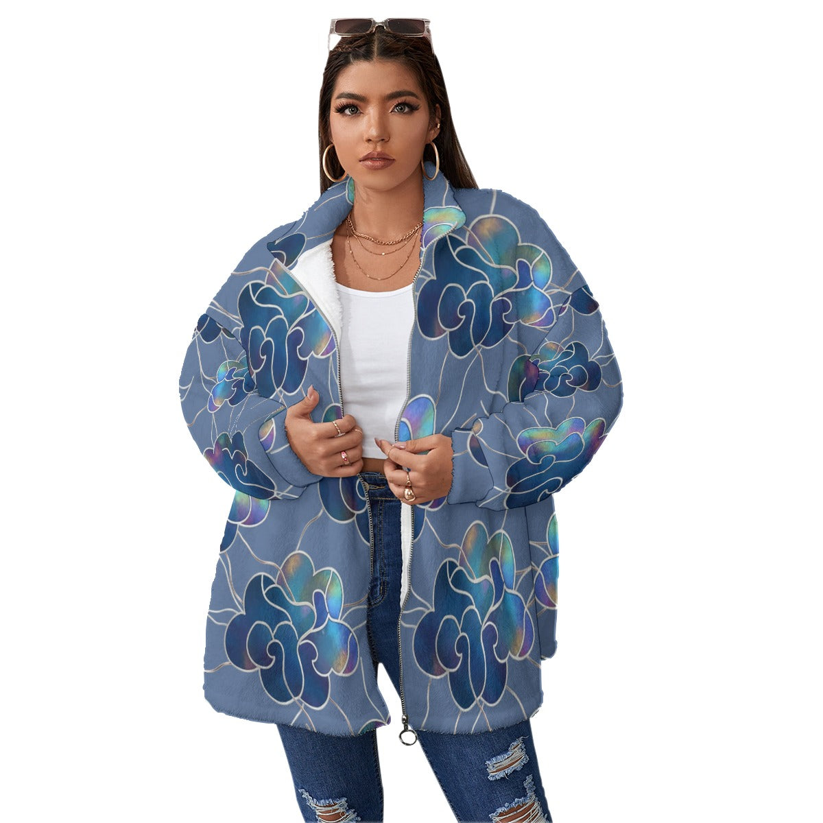 Unisex Borg Fleece Stand-up Collar Coat With Zipper Closure(Plus Size)