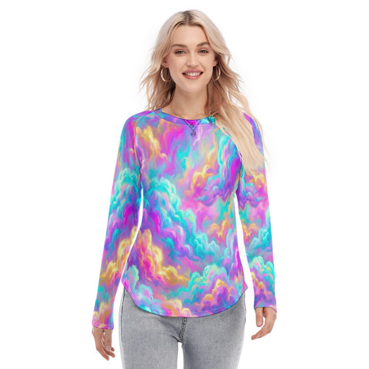 Women's Raglan Sleeves U-Shaped Hem Long Sleeves Blouse
