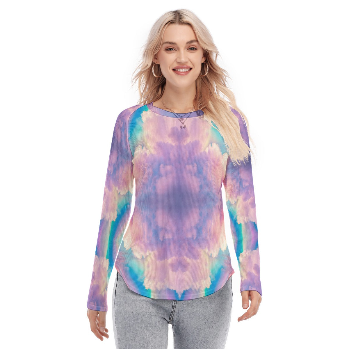 Women's Raglan Sleeves U-Shaped Hem Long Sleeves Blouse