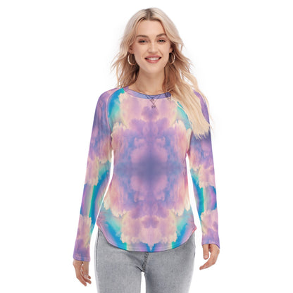 Women's Raglan Sleeves U-Shaped Hem Long Sleeves Blouse