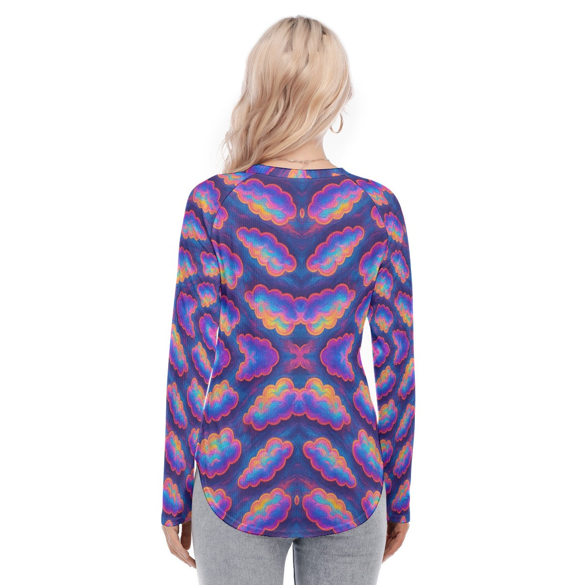 Women's Raglan Sleeves U-Shaped Hem Long Sleeves Blouse