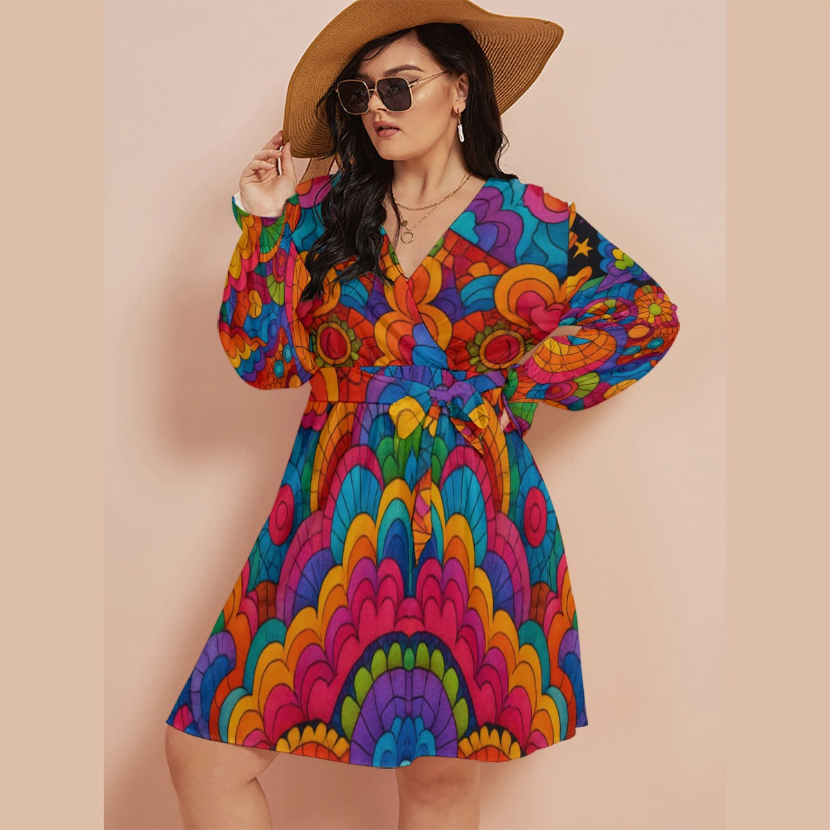 Women's V-neck Dress With Waistband(Plus Size)