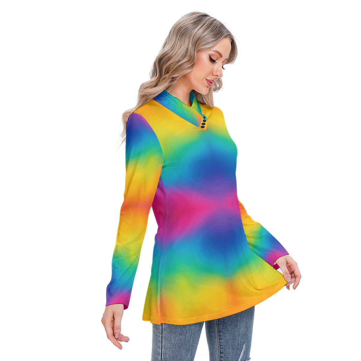 Women's Long-sleeved Heap-neck Slim Casual Tunic Blouse