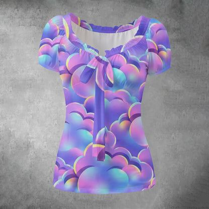 All-over print Women's Puff Sleeve Pleated Shirt