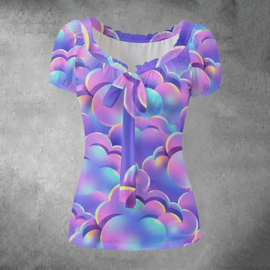 All-over print Women's Puff Sleeve Pleated Shirt
