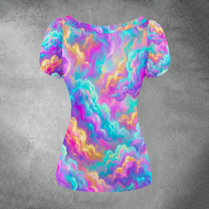 All-over print Women's Puff Sleeve Pleated Shirt