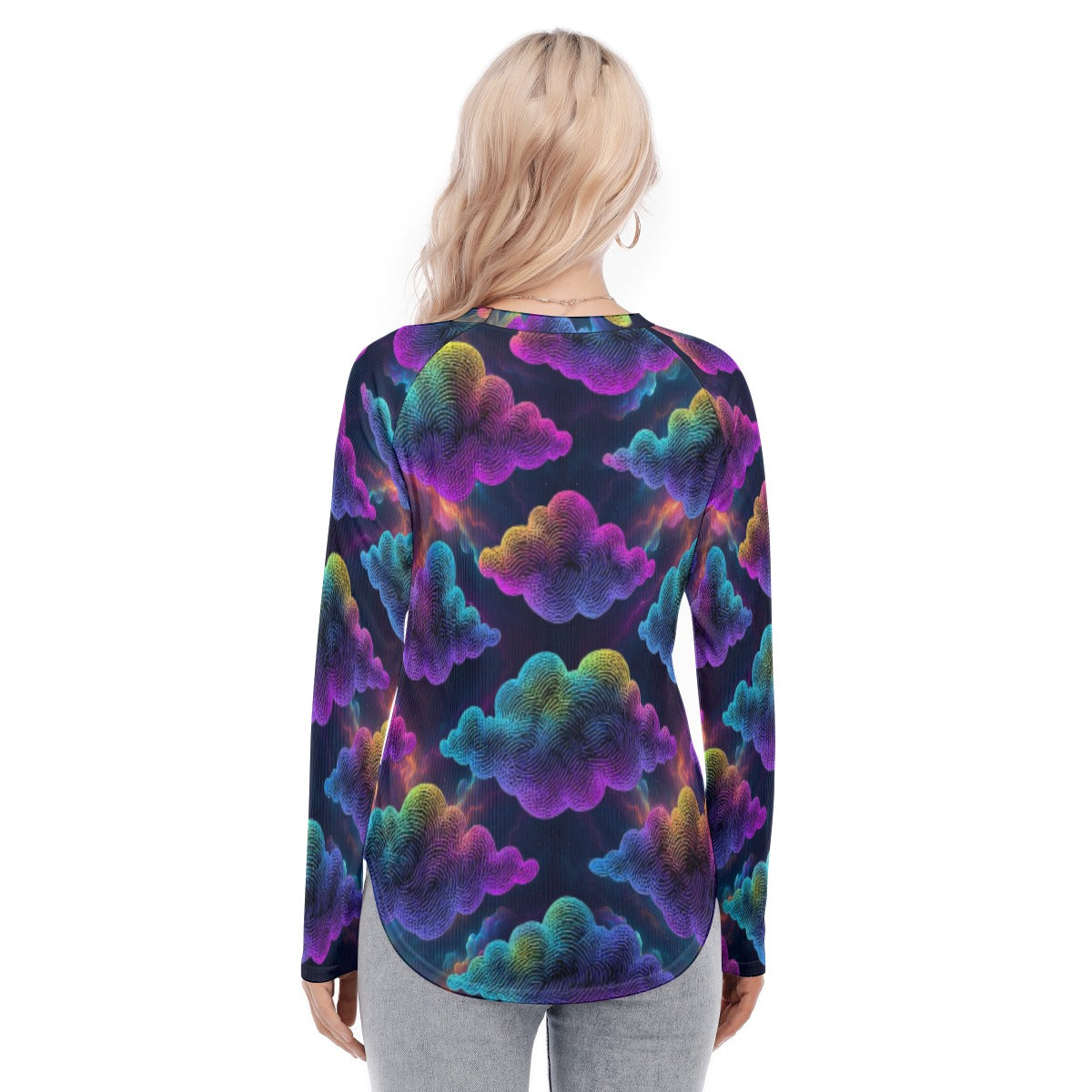Women's Raglan Sleeves U-Shaped Hem Long Sleeves Blouse