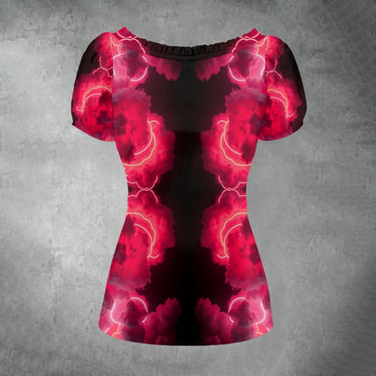 All-over print Women's Puff Sleeve Pleated Shirt