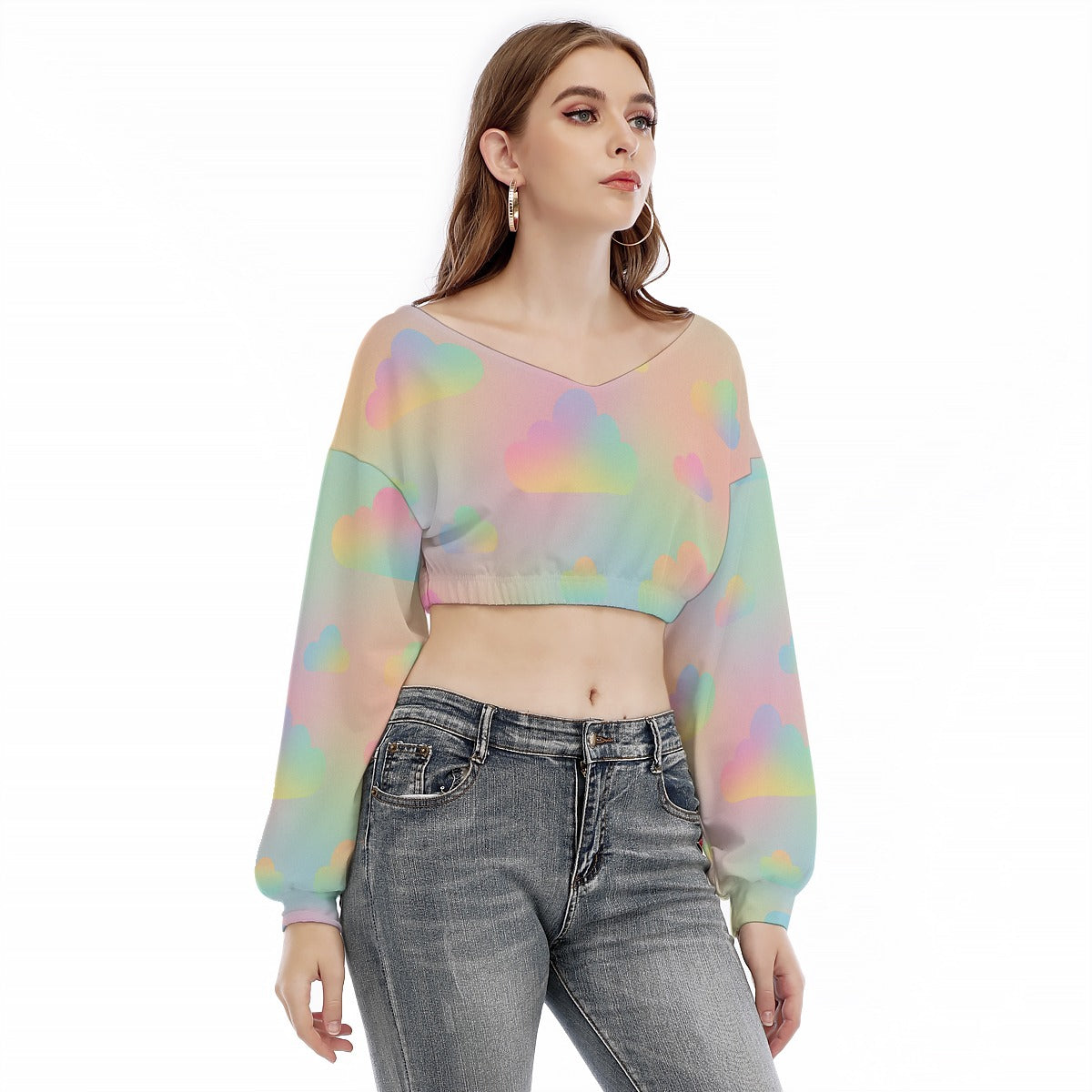 Women's V-neck Long Sleeve Cropped Sweatshirt